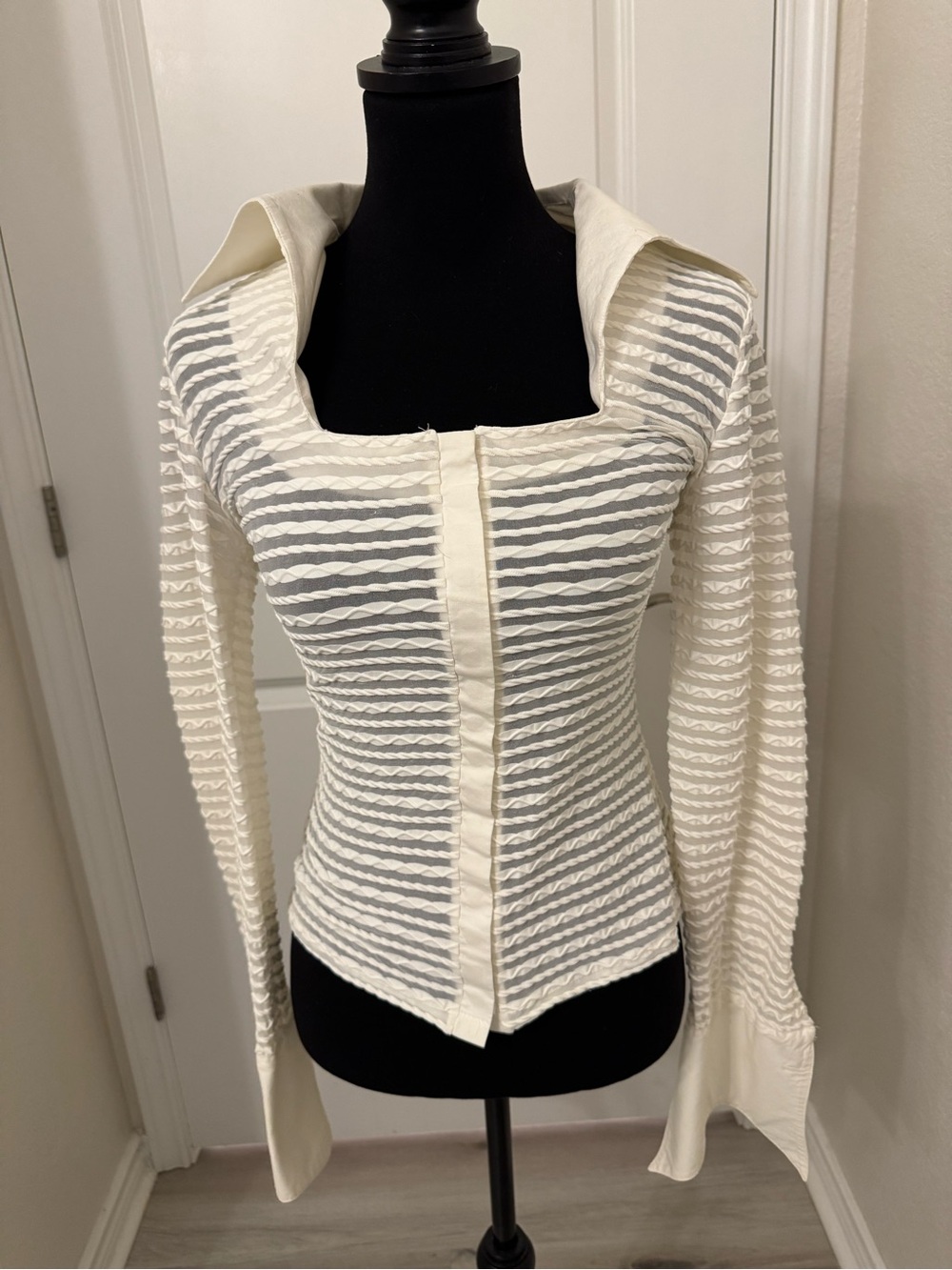 Cream Textured Square-Neck Button-Down Top